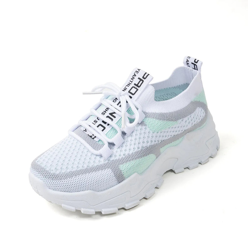 Women's Flyknit mesh lace-up sneakers in a colour option, showing the round toe and rubber sole.