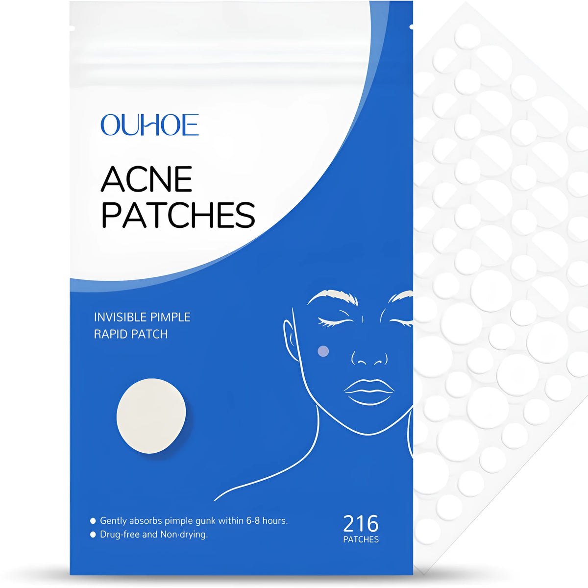 216 individually wrapped tea tree oil hydrocolloid acne patches in a pack.
