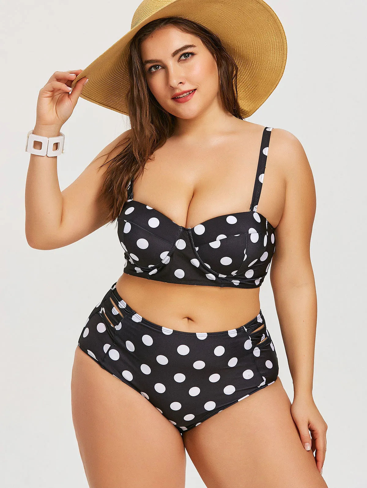 Retro polka dot high-rise bikini set in black, plus size XL-5XL, padded top and high-rise bottom.