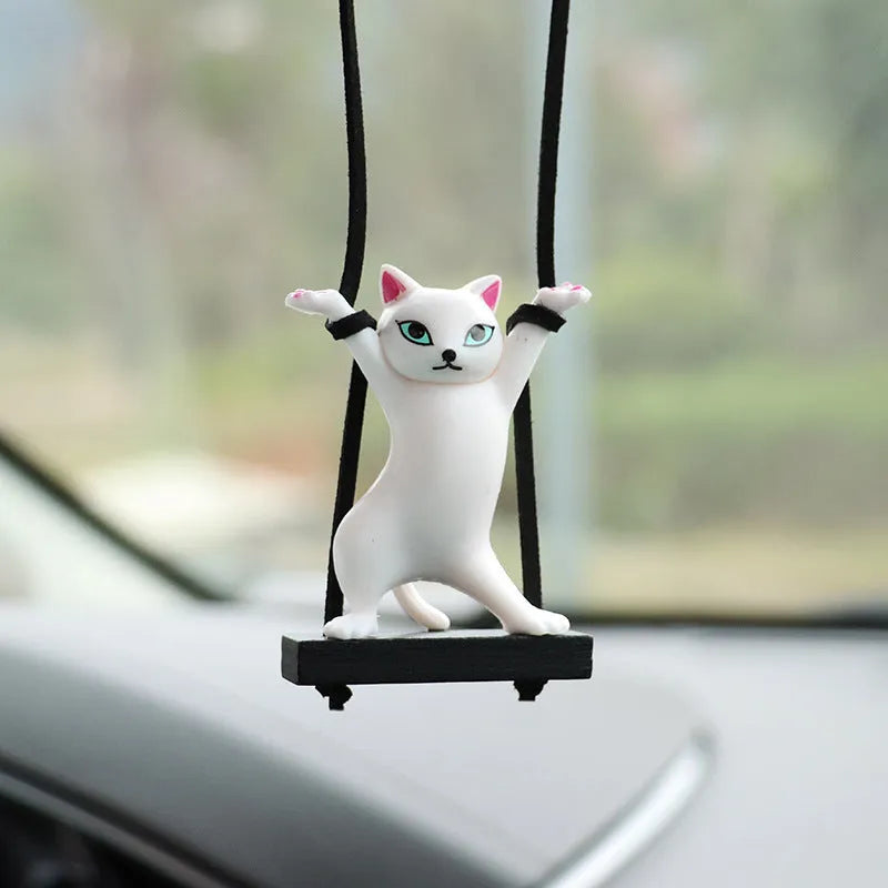 Resin cartoon cat pendant on a 25cm rope for car rear-view mirror decoration.