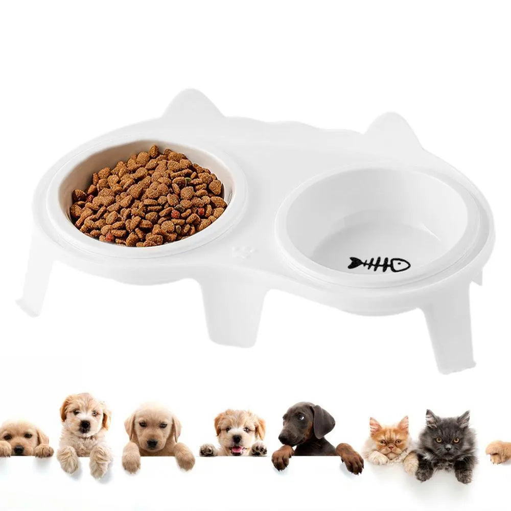 Blue ceramic cat food and water bowl set on a white elevated stand with a storage hook.
