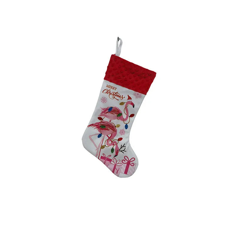 Red cloth Christmas stocking with white cuff hanging on a mantelpiece.