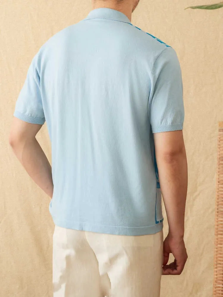 Men's striped short-sleeved polo shirt with lapel collar in cotton-polyester blend fabric
