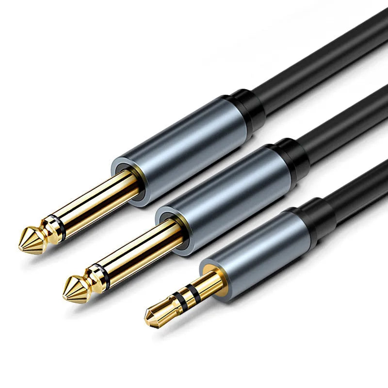 3.5mm to 6.5mm male-to-male stereo audio cable with gold connectors on a black cable.