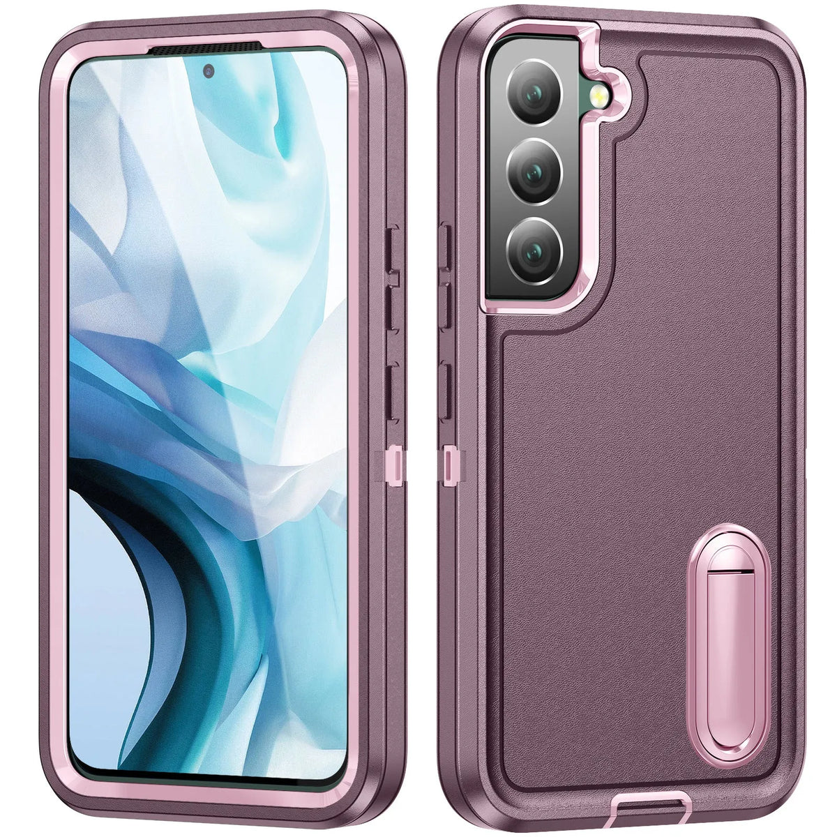 Three-proof Samsung phone case with bracket in Pink Blue, anti-fall and anti-fingerprint, TPU PC back cover.