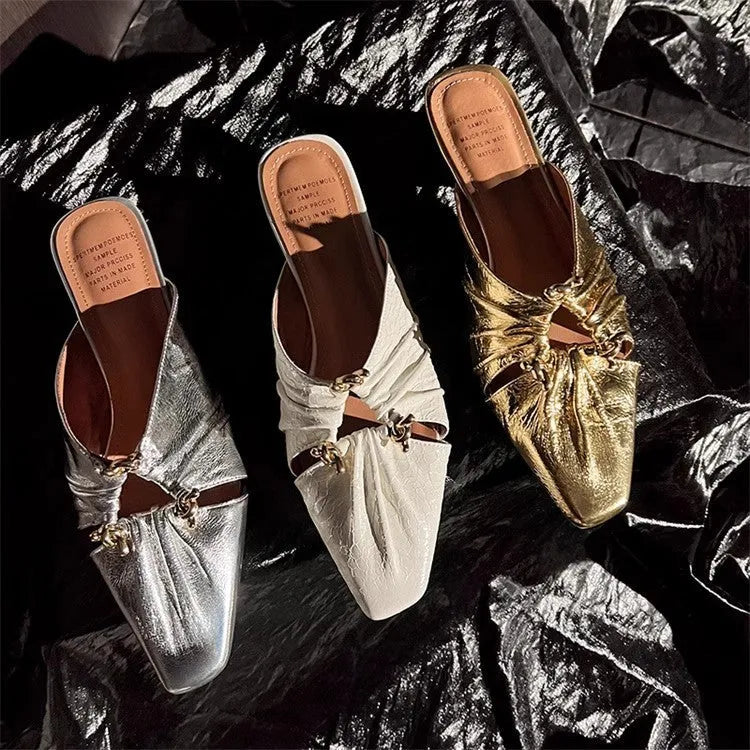 Genuine leather women's half toe cap slippers with square head design and low heel