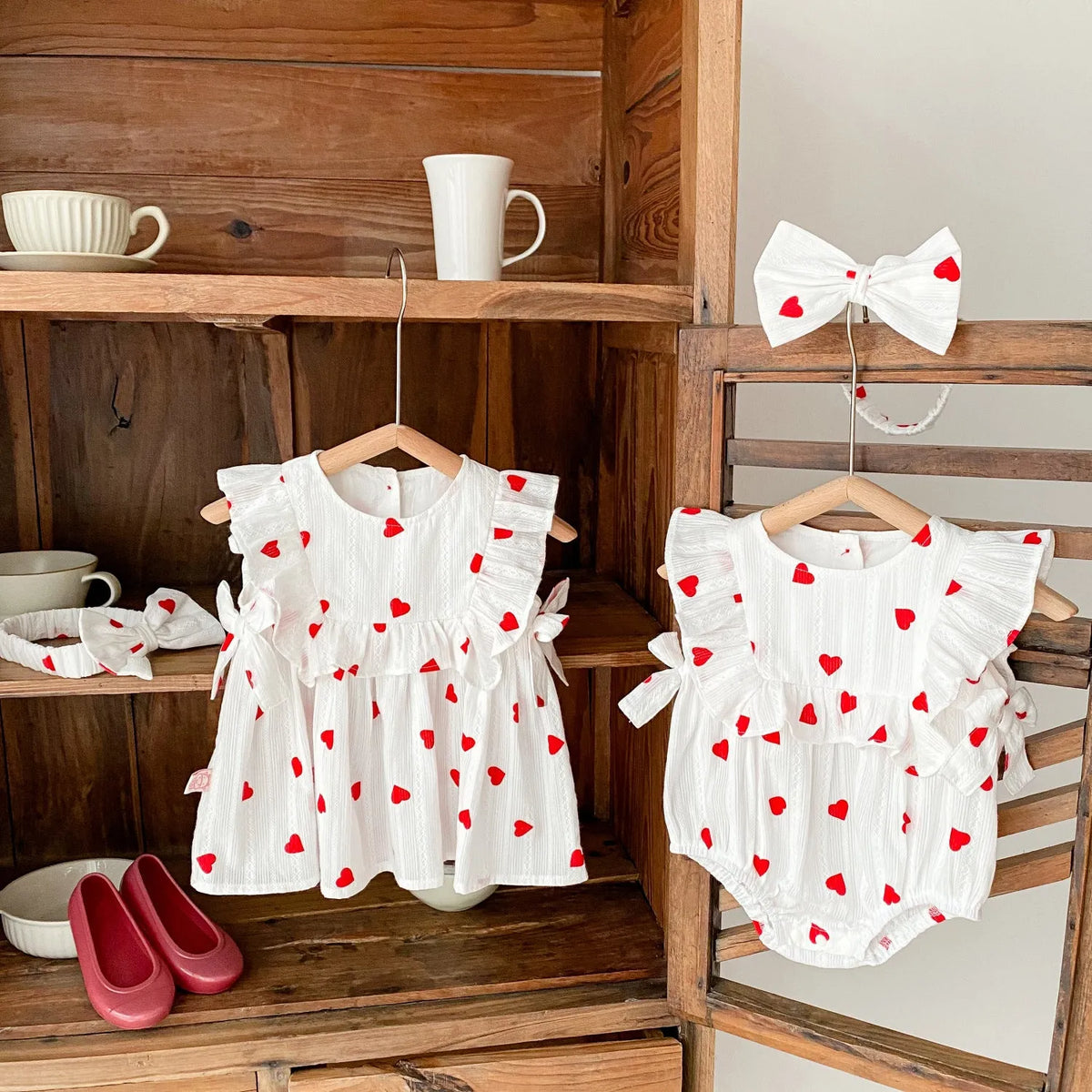 Cotton baby girl romper in Love print, pullover onesie with short climb style, sizes 66cm to 100cm