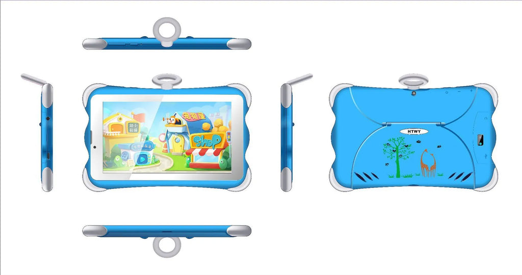 7-inch children's learning tablet with stand showing cartoon colour options and 3G calling feature