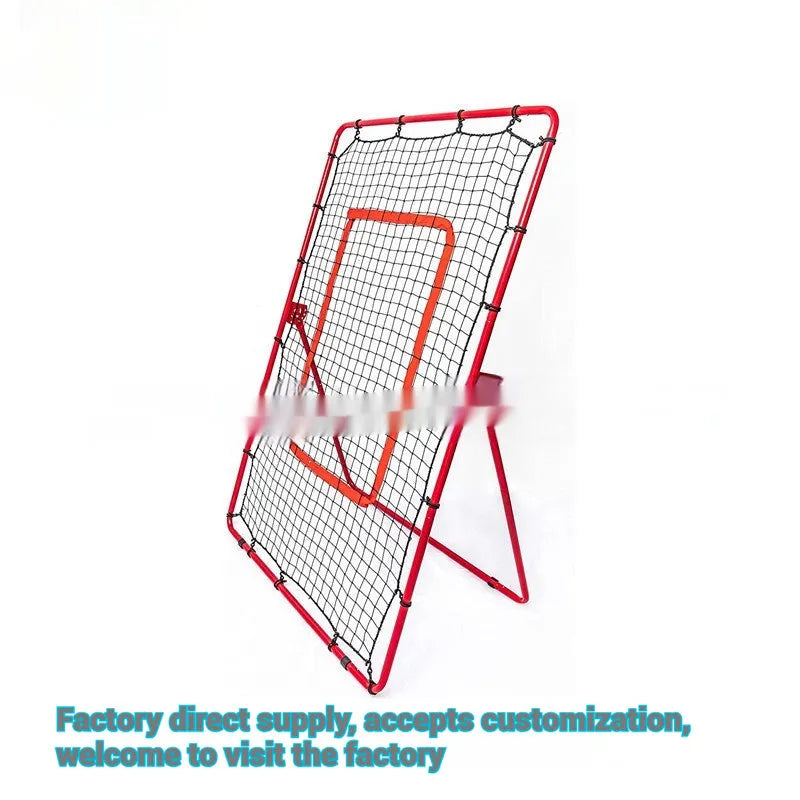 Red portable baseball training net with metal frame measuring 4x6FT