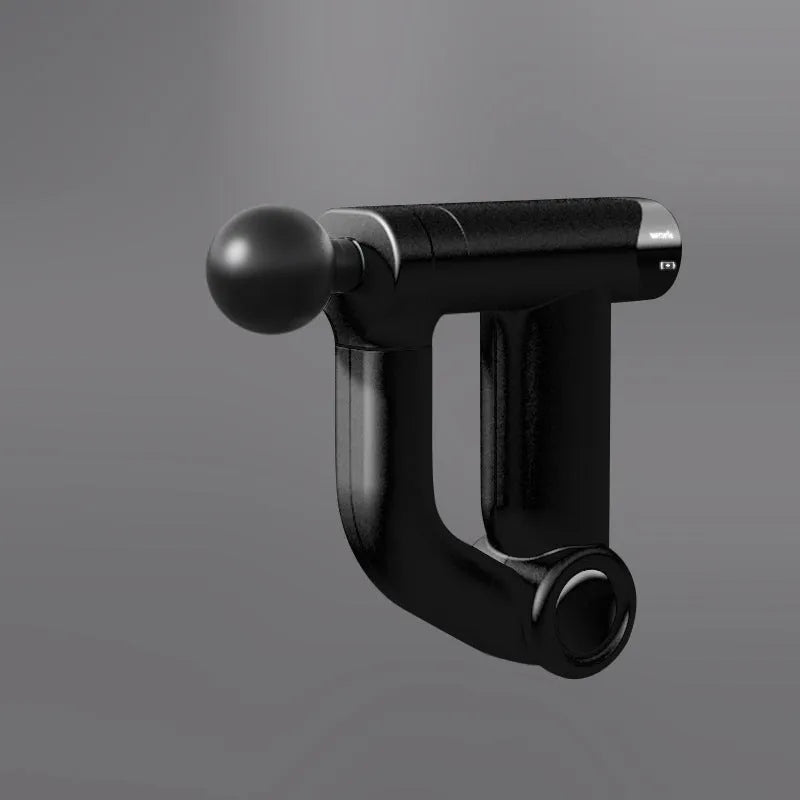 Long handle folding massage gun in black or grey with LED screen and multi-gear adjustment, brushless motor, portable design.