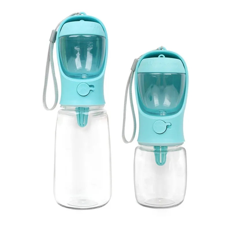 Portable dual-use dog water cup in plastic with split grain design, shown in blue colour