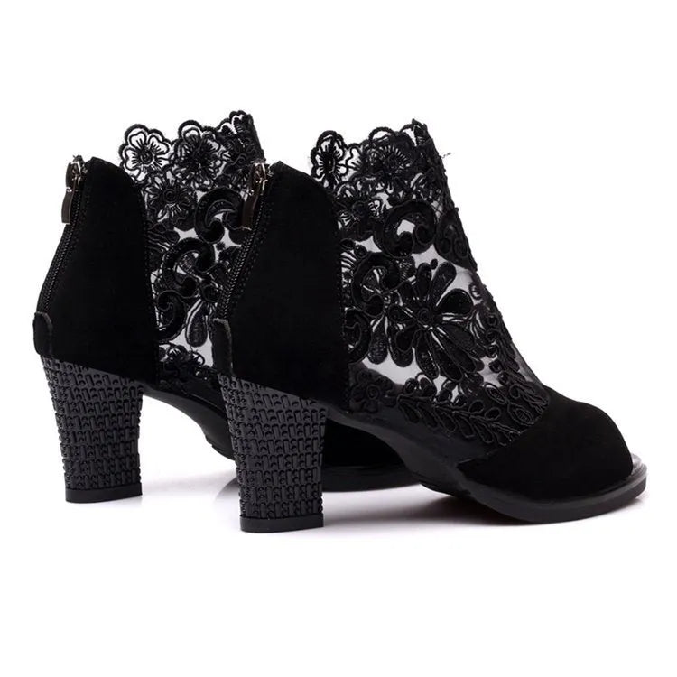 Women's black floral lace gladiator sandals with zip closure and square heels