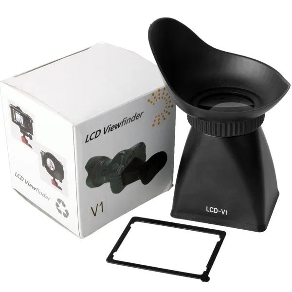 Black camera LCD screen viewfinder magnifier with magnetic mount shown on a DSLR.