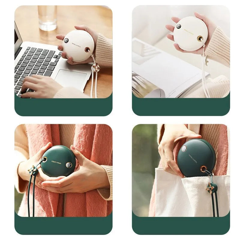 Green 5000mAh hand warmer power bank with digital display, shown next to its included USB charging cable.