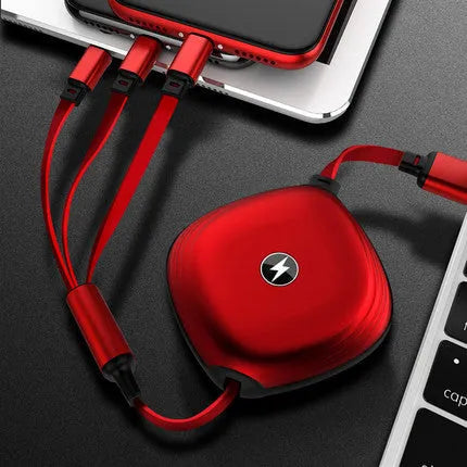 3 in 1 telescopic charging cable extended to show titanium alloy connectors and TPE wire body
