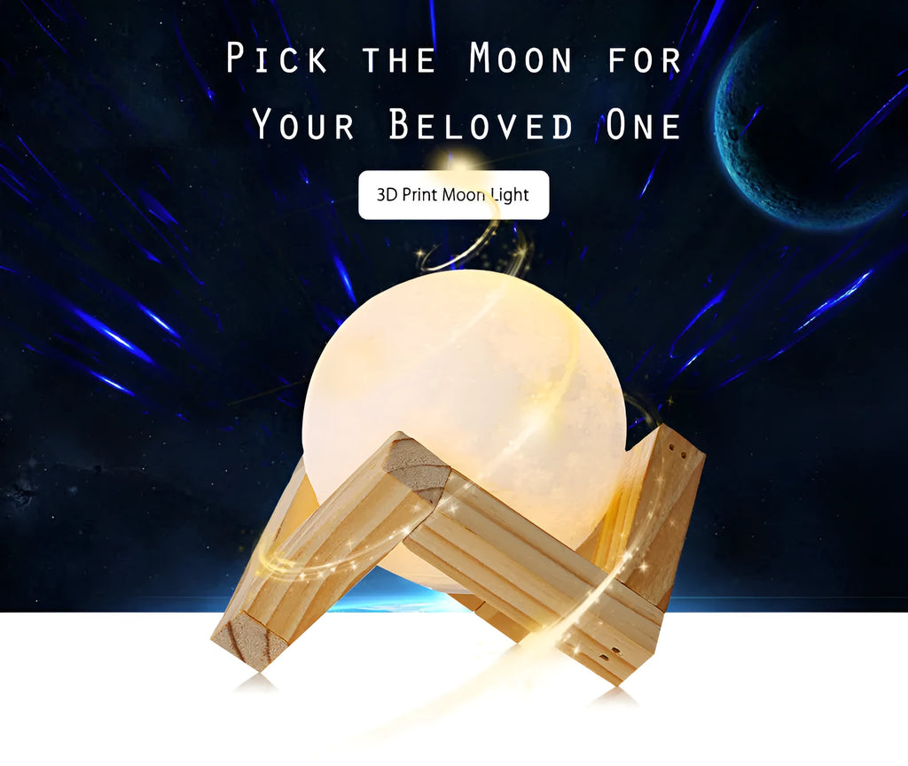 Ivory white 12cm 3D print moon lamp on wooden stand with USB cable