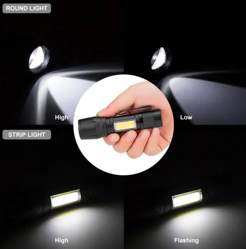 Black aluminium mini LED flashlight with telescopic zoom head and pocket clip