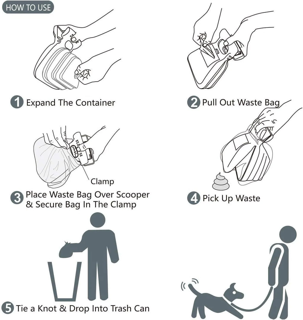 Blue portable pooper scooper with clip and expandable waste container for dog walking.