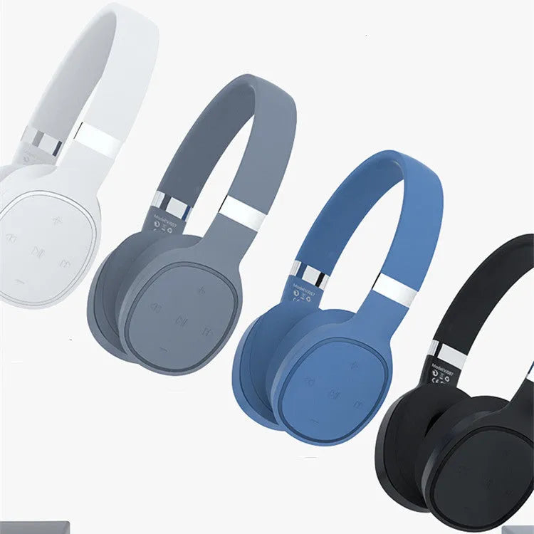 Wireless Bluetooth headset in black, blue, grey, and white colour options showing over-ear design.