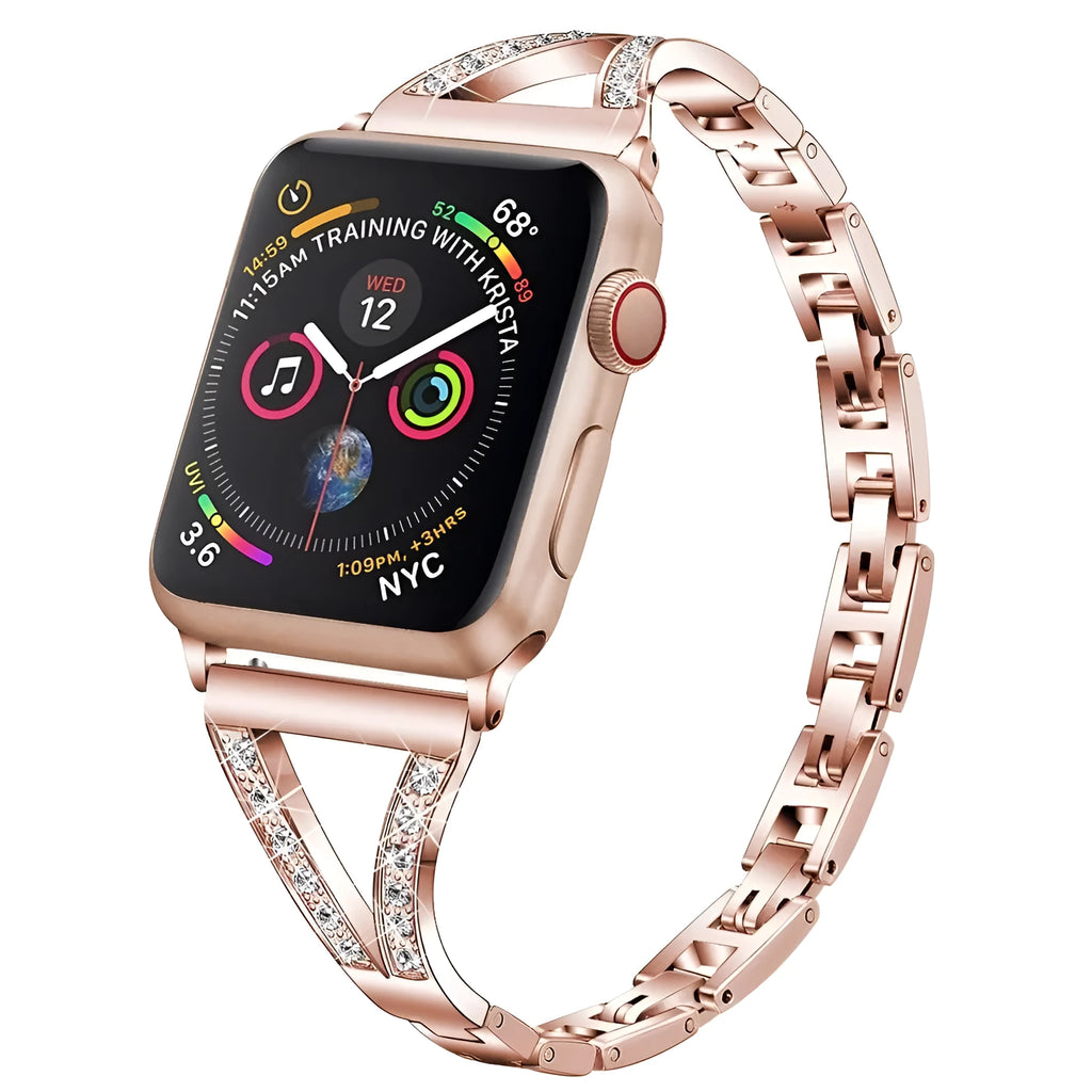 Diamond-studded stainless steel watch strap in multiple colours on an adjustable metal bracelet.