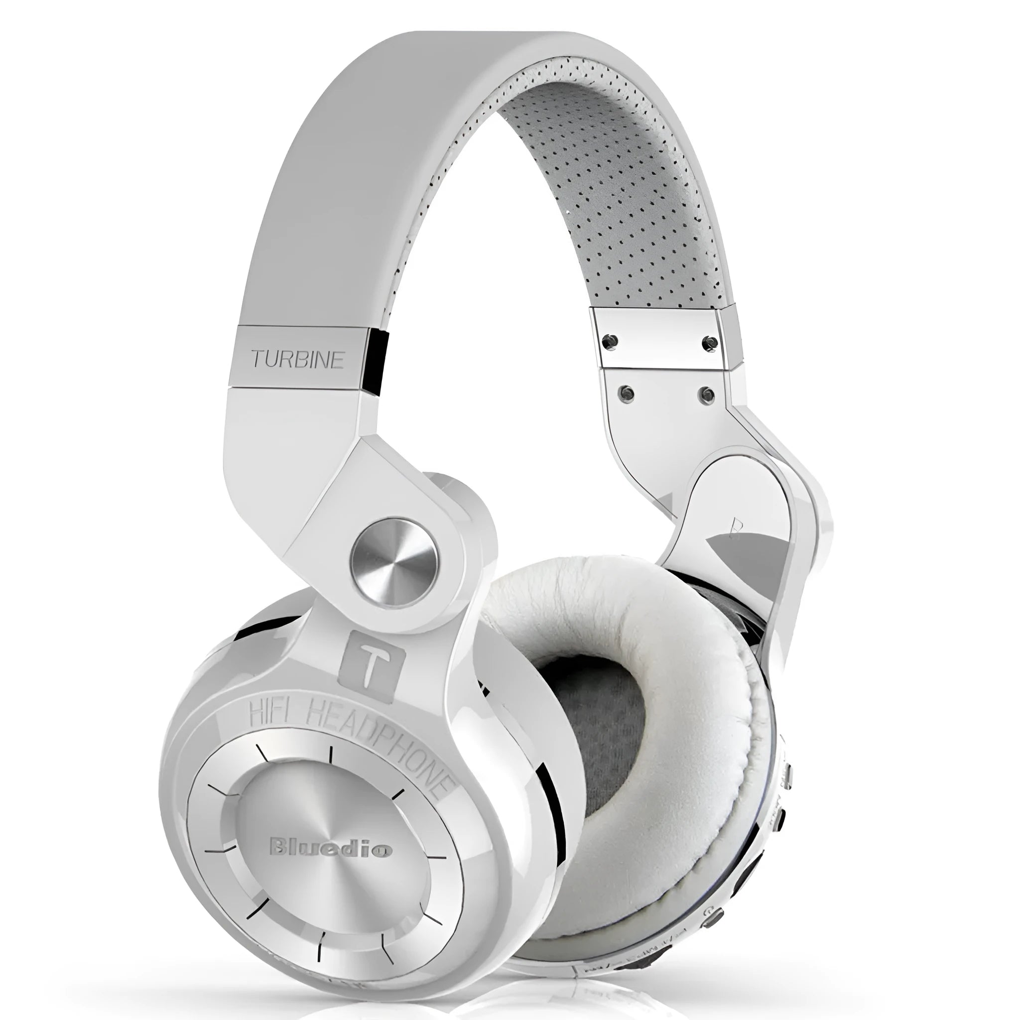 Bluetooth stereo headset in black, blue, red, or white colour with over-ear design and in-line subwoofer card.