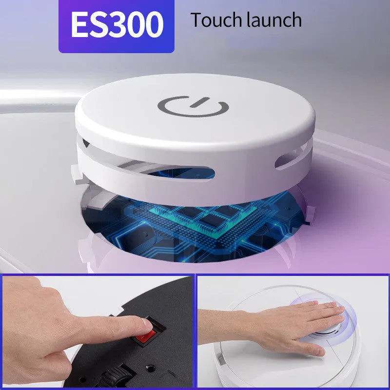 White automatic robotic floor sweeper with one-touch button on a hard floor.