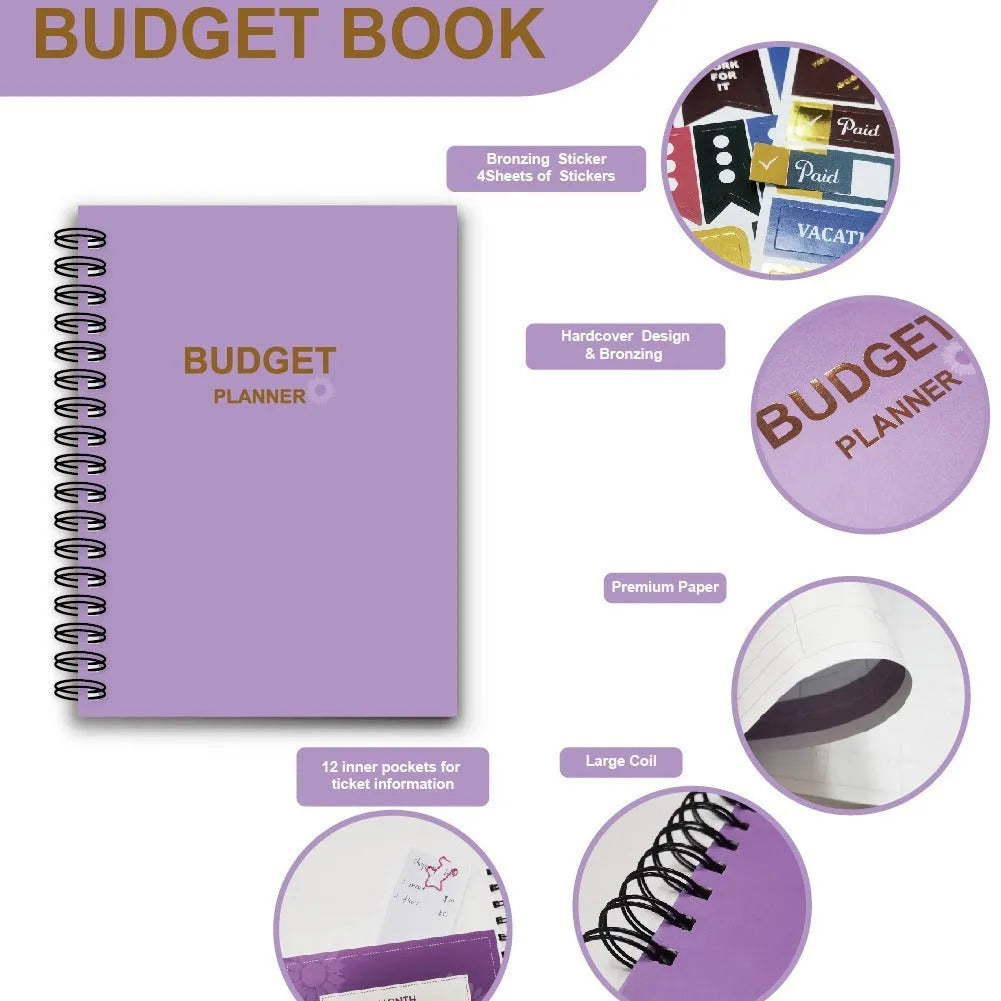 Purple coil-bound budget notebook with pen and stickers for financial planning