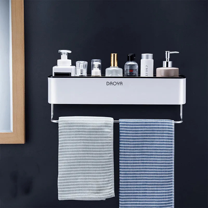 Plastic bathroom wall shelf with polished finish in a choice of four colours, mounted without drilling.