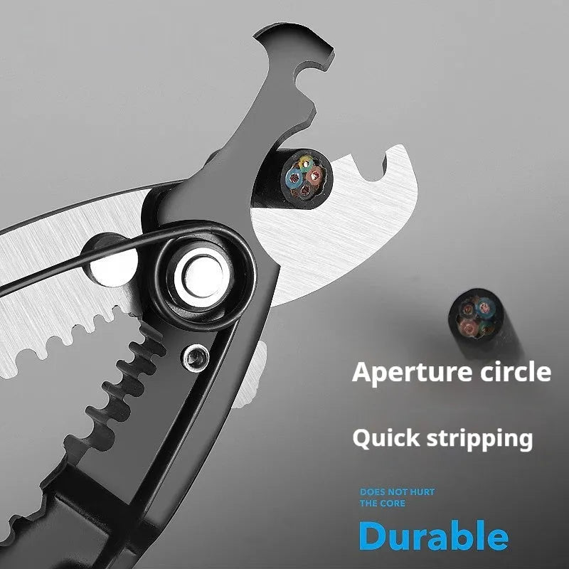 Fully automatic wire stripping pliers tool with high carbon steel blades, mounted in a storage box.