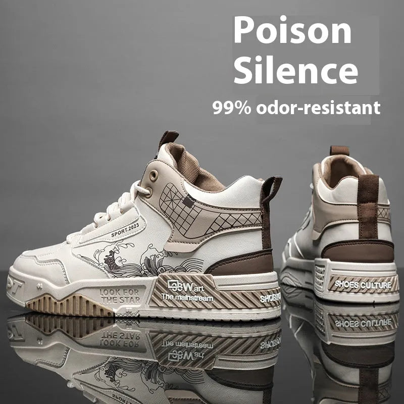 Men's increased height board shoes in beige, white, or blue with rubber soles and mesh lining