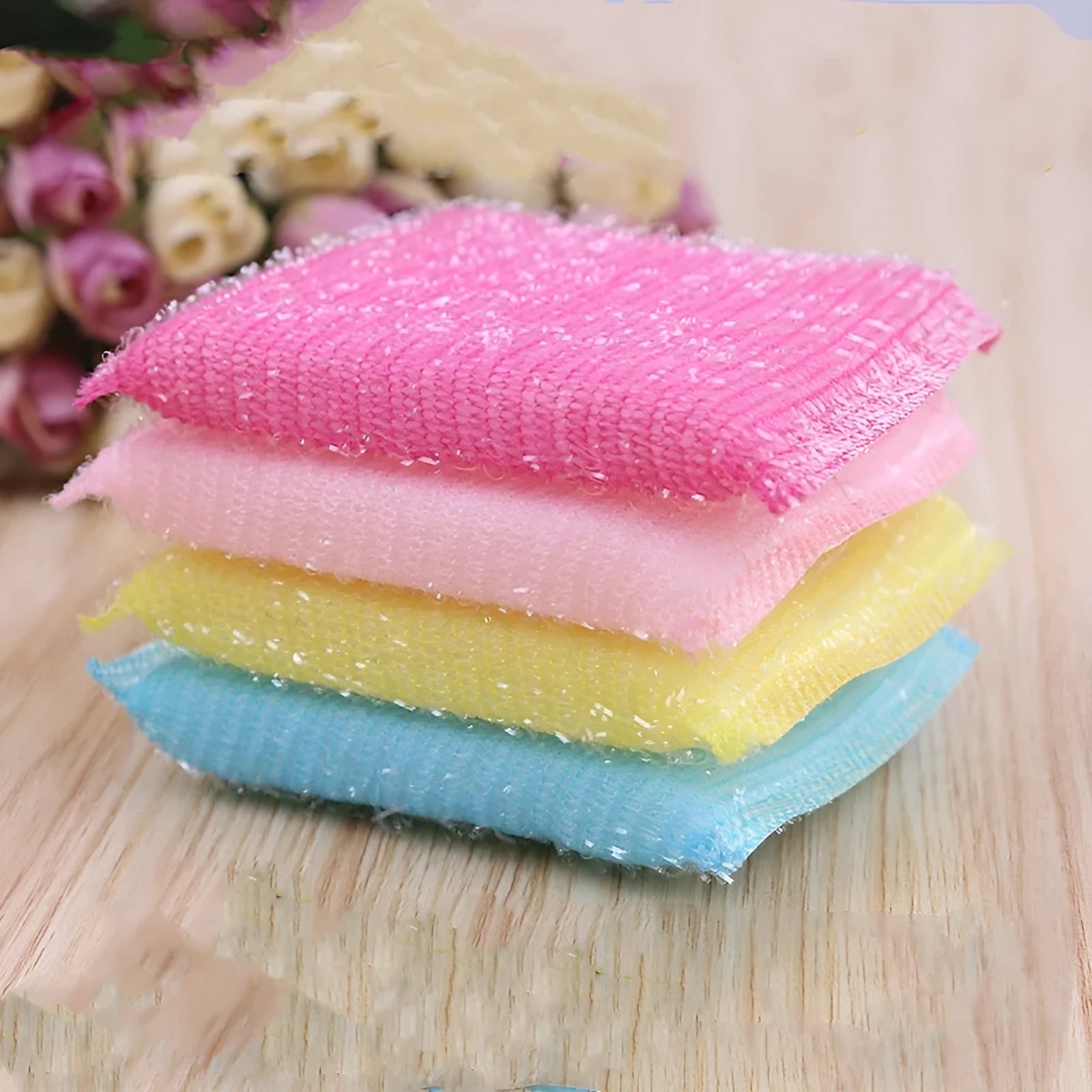 Pinstripe fabric dishwashing spong mop in macaron colours measuring 12cm with fine stripe pattern