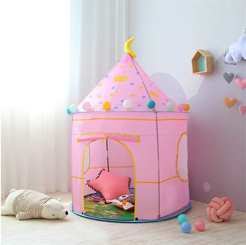 Children's toy tent made of polyester cloth with fiber rod frame, 105cm diameter, 135cm height, in a home playroom