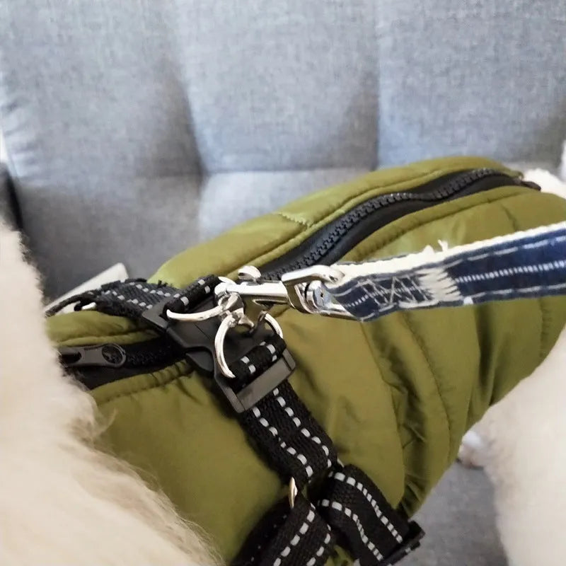 Waterproof dog coat with integrated harness in rain silk fabric, available in multiple colours and sizes