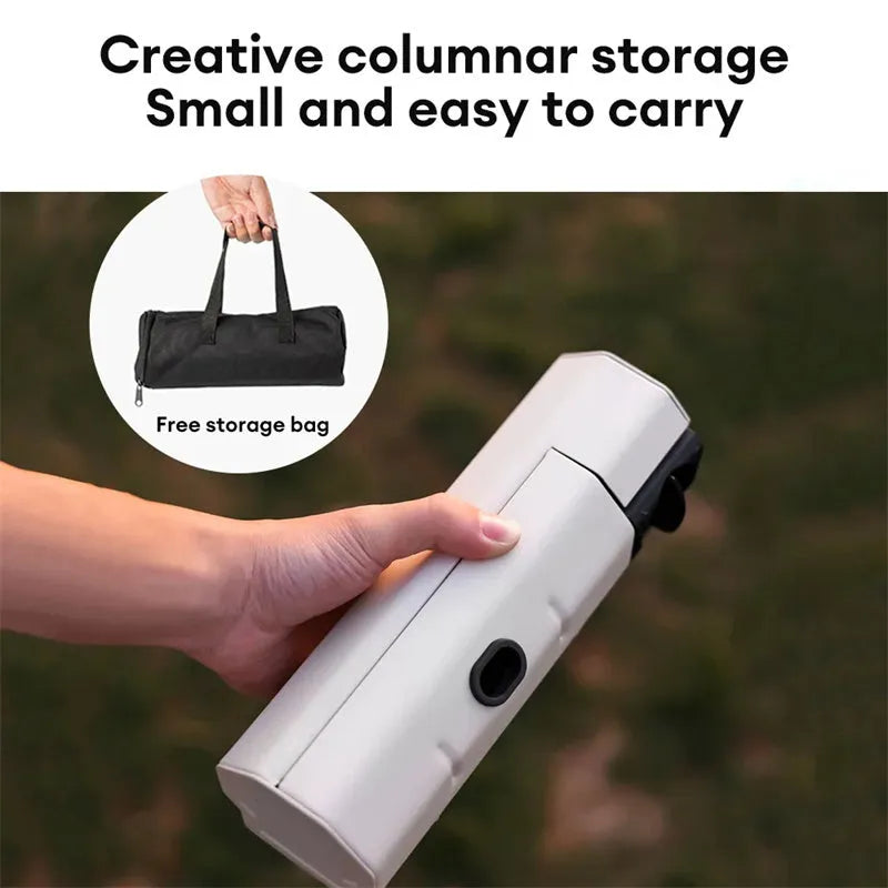 Green folding camping gas stove with storage bag showing compact 25cm size