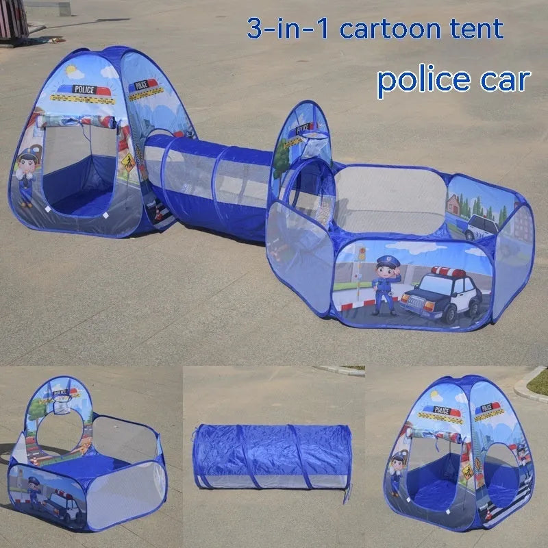 Colourful marine cartoon children's cloth tent with integrated ball pool and play tunnel.