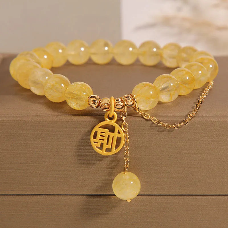 Natural stone citrine bracelet with Chinese character tassel on mixed material band