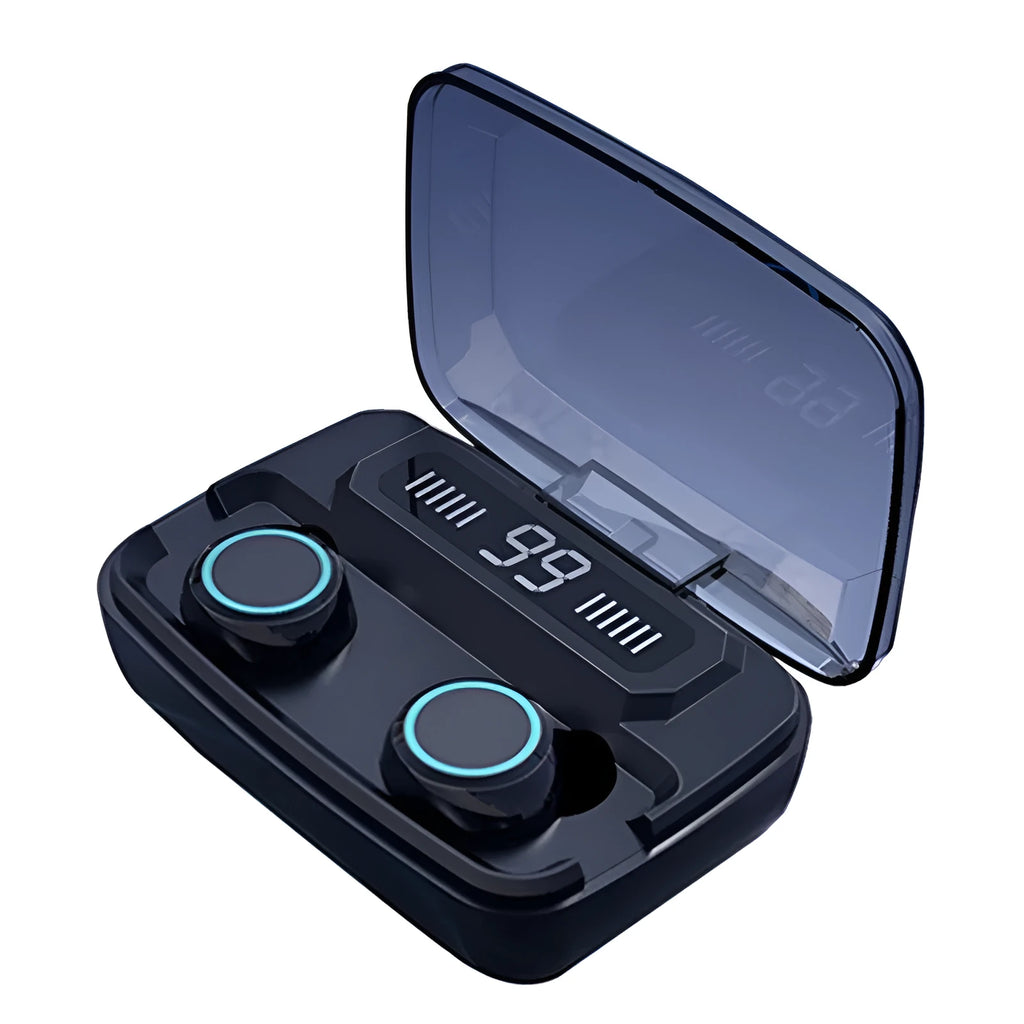 Black M11 style Bluetooth wireless in-ear headphones with a charging case showing a digital power display.
