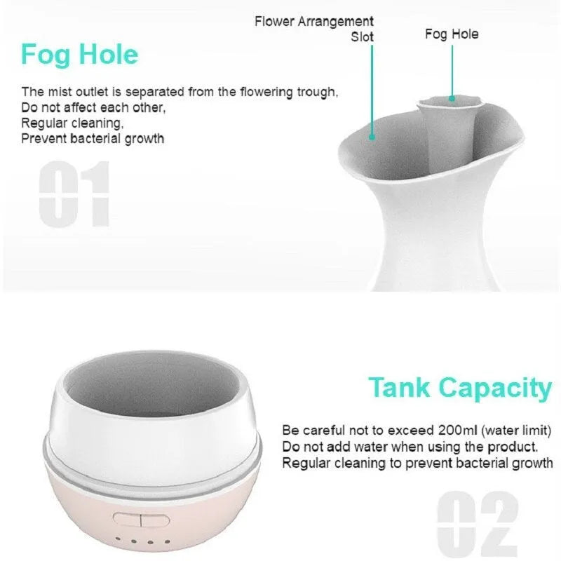 White ultrasonic aromatherapy vase diffuser with colour-changing night light and 200ml water tank capacity.