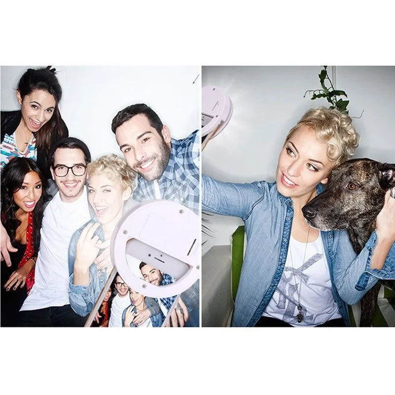 Smartphone clip-on selfie ring light with LED bulbs in green, white, black or pink colours