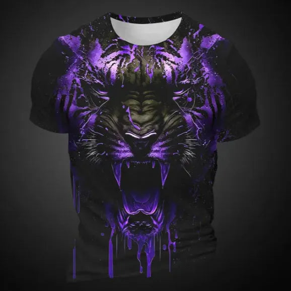 Men's grey T-shirt featuring a large, realistic 3D digital print of a tiger's face on the front.