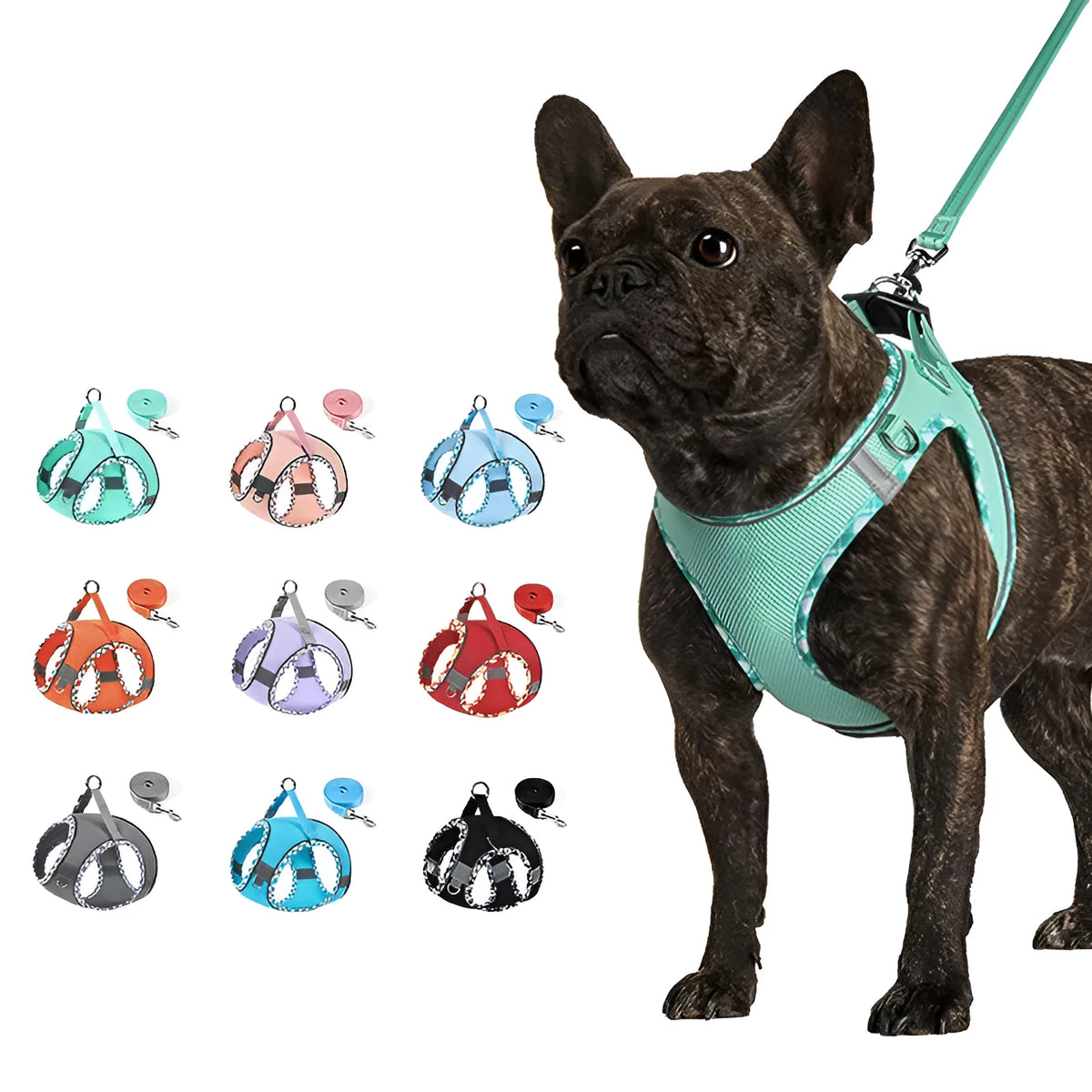 No-pull step-in dog harness with 1.2m leash, breathable mesh, reflective vest, quick-release buckle, sizes XXS to L