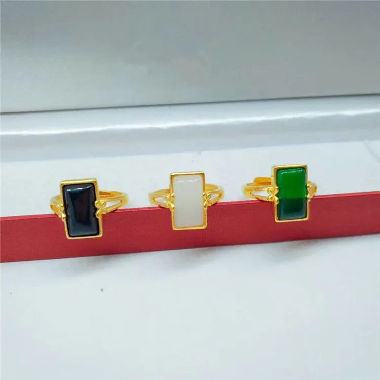 Adjustable brass gold-plated ring with electroplated artificial gemstone inlay in national style design