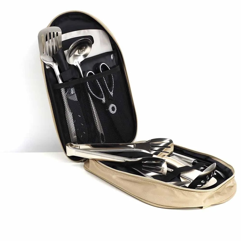 Multi-functional portable picnic kitchenware storage bag containing 12 piece stainless steel cutlery set