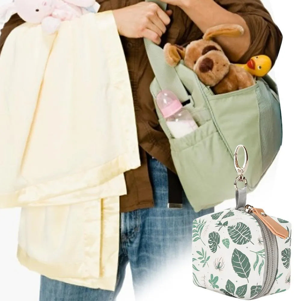 Baby pacifier holder case with PU leather outer and nylon lining, 10cm diameter, holds 2 pacifiers
