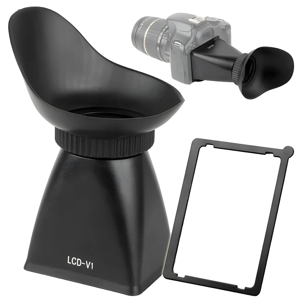 Black camera LCD screen viewfinder magnifier with magnetic mount shown on a DSLR.