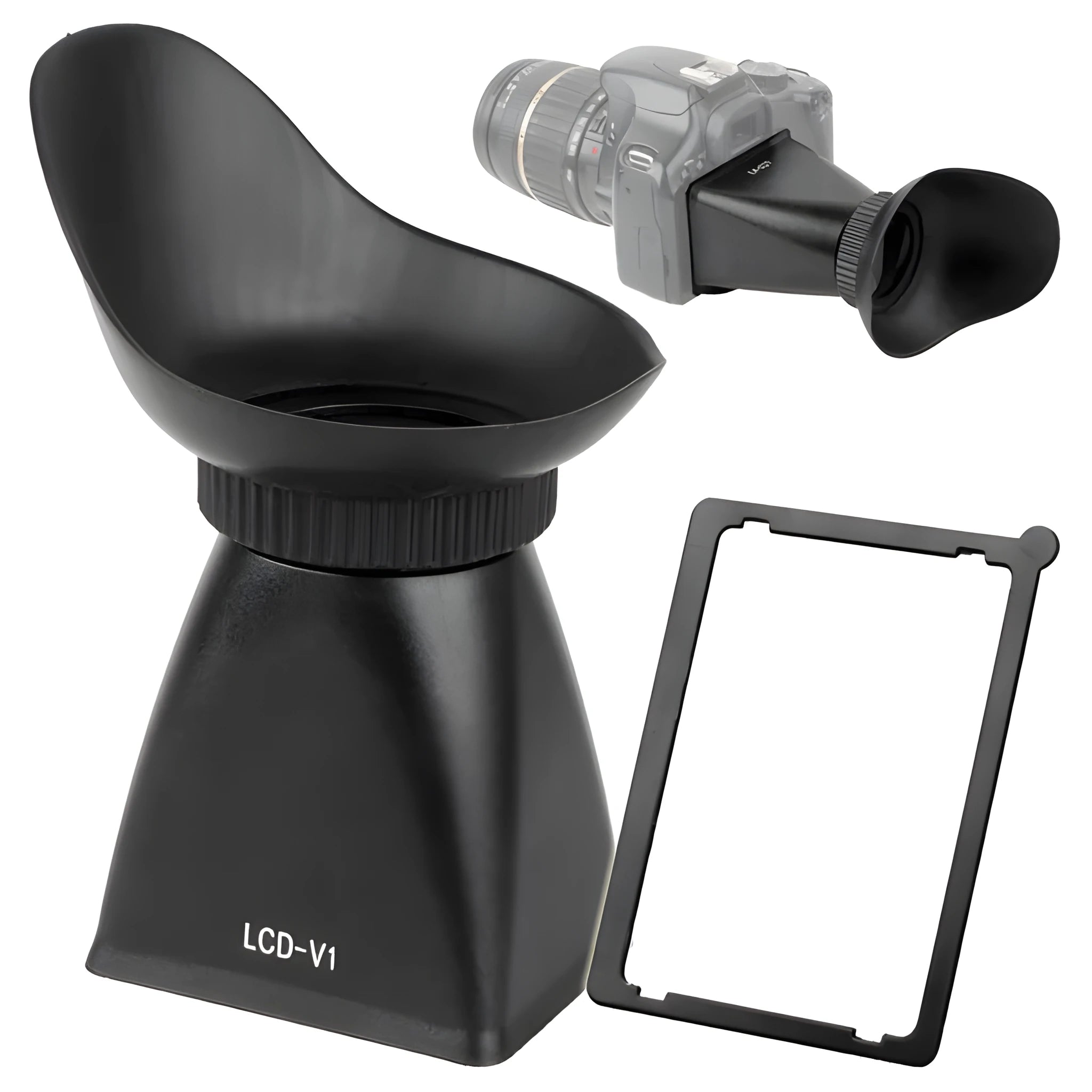 Black camera LCD screen viewfinder magnifier with magnetic mount shown on a DSLR.