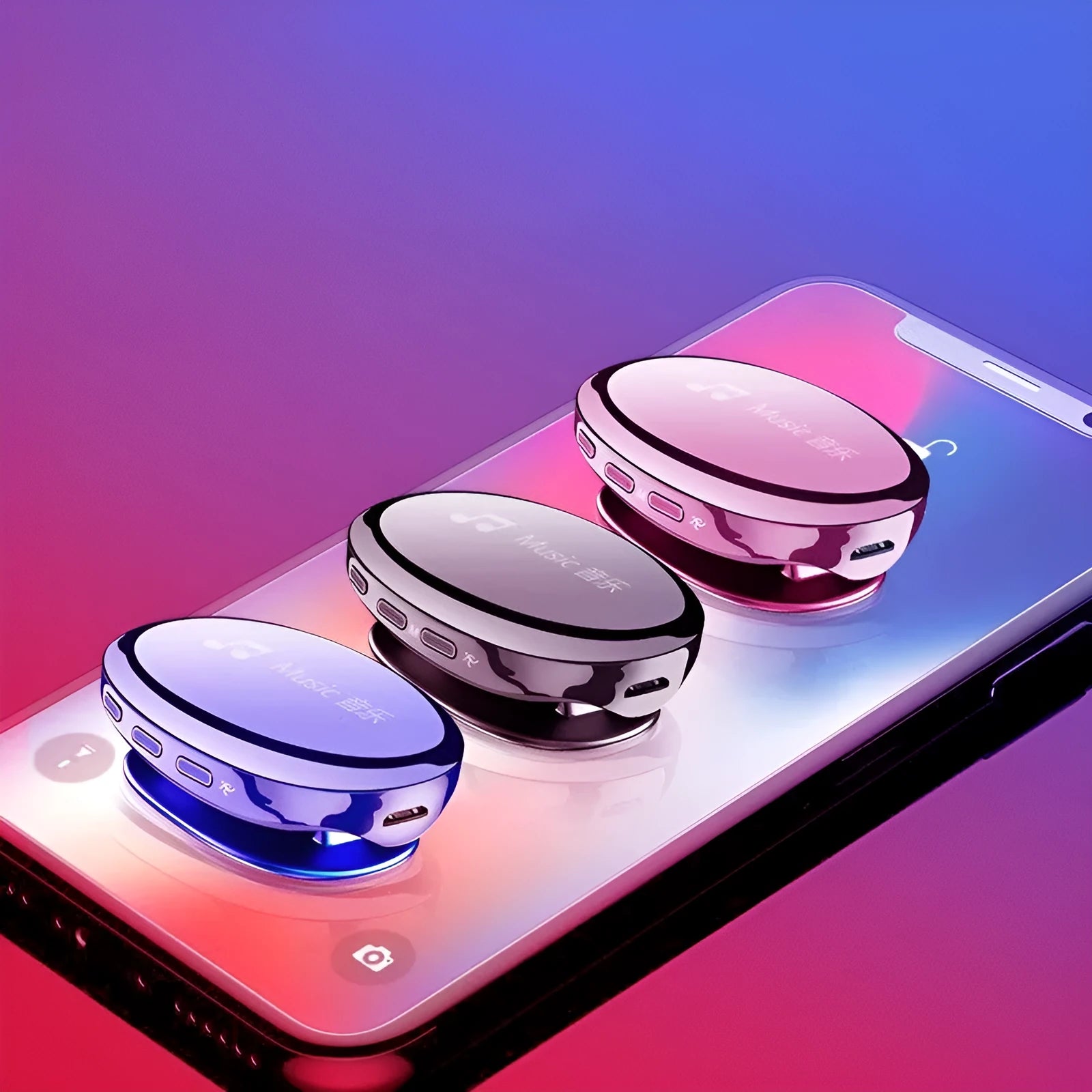 Blue Bluetooth MP4 music player with OLED screen showing music playback interface