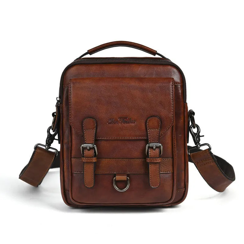 Genuine leather men's shoulder bag 8 inch light brown retro hand-rubbed crossbody commuter