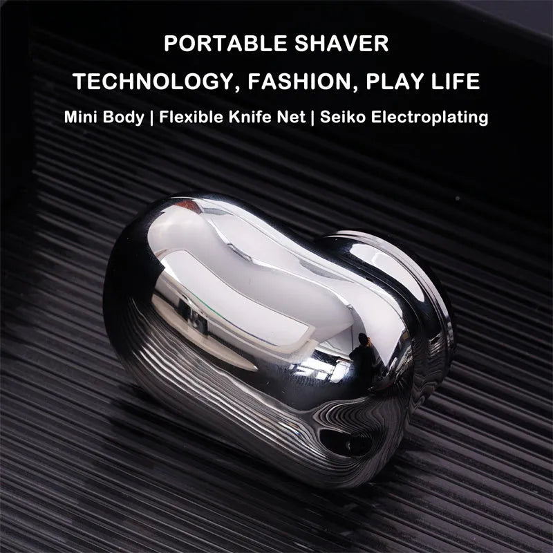 Mini portable USB electric shaver in silver with rotary head, aluminium body, and IPX7 wet and dry use