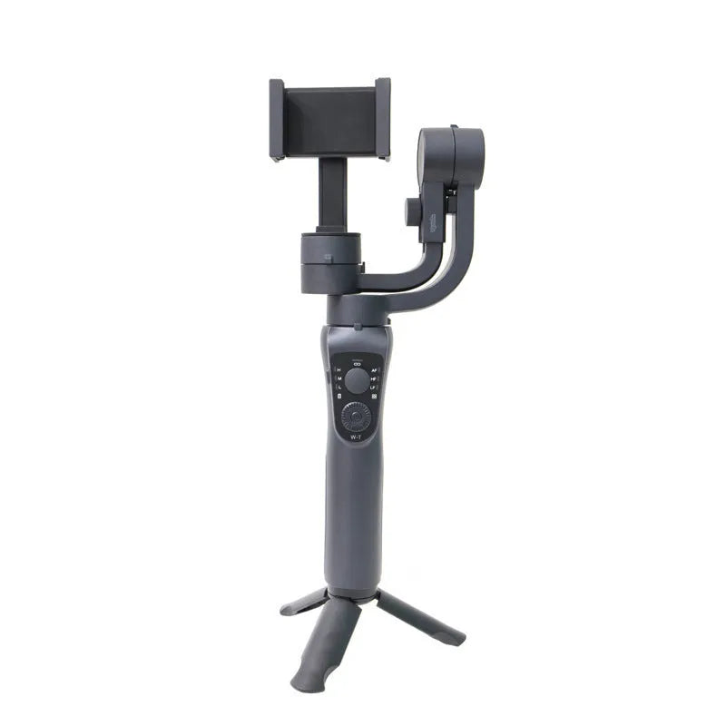 Black three-axis handheld gimbal stabilizer for mobile phones with hard case and tripod